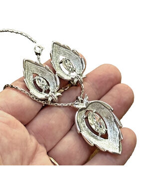 Sarah Coventry Silver & Rhinestone Leaf Jewelry Set Necklace & Clip-On Earrings